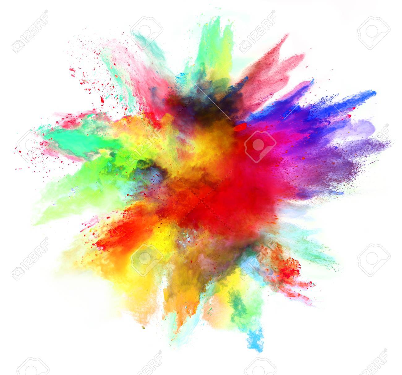 Explosion of colored powder, isolated on white background. Power and art concept, abstract blust of colors.
