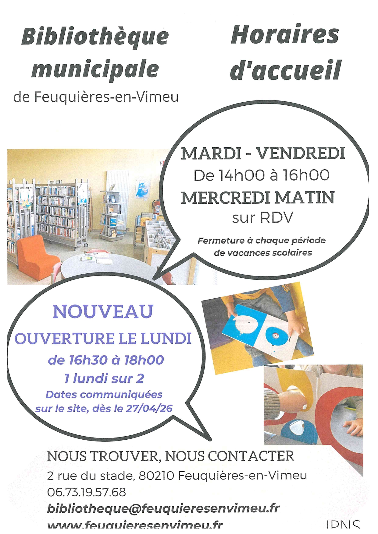Lire la suite à propos de l’article Nouveaux horaires d&rsquo;ouverture – Bibliothèque municipale