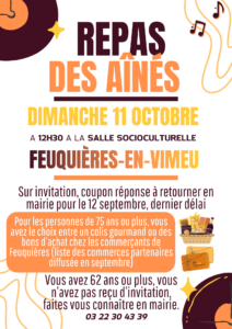 Lire la suite à propos de l’article Inscription pour le repas des ainés du 11 octobre 2026